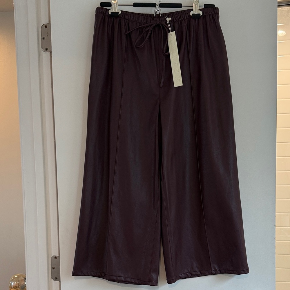 Women's Wide Leg Pants in Burgundy- vegan leather